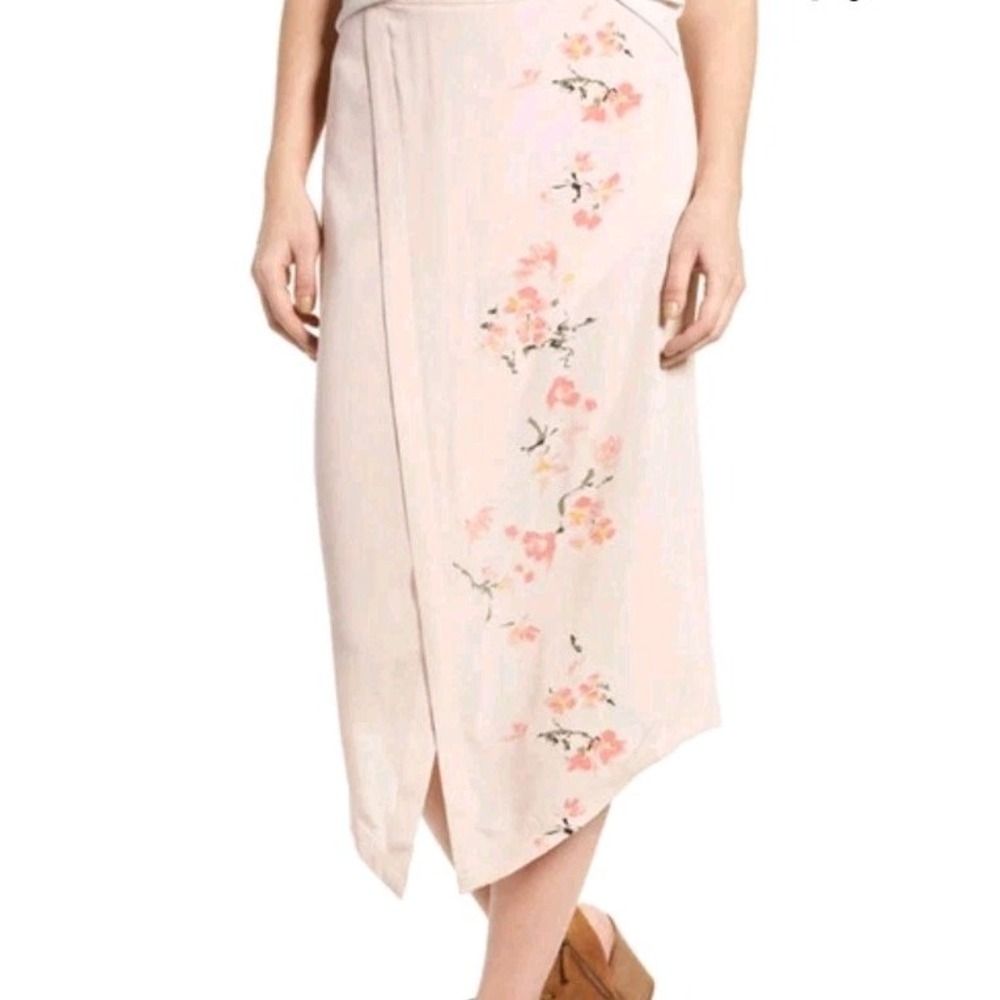 Hinge Medium Pink Wrap Front‎ Floral Boho-Chic Midi Skirt Unlined Semi Sheer